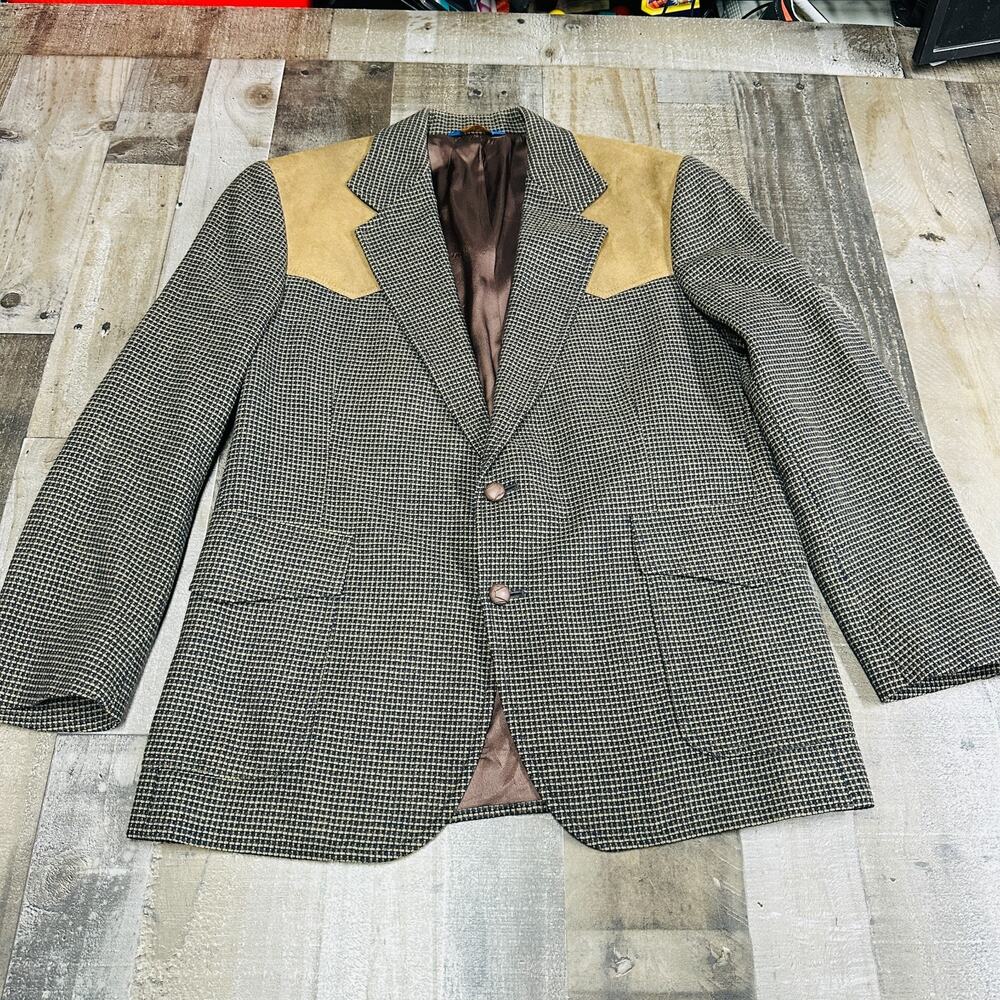 Pendleton Vintage Gray Wool Tweed Suede Western Blazer Mens 42‎